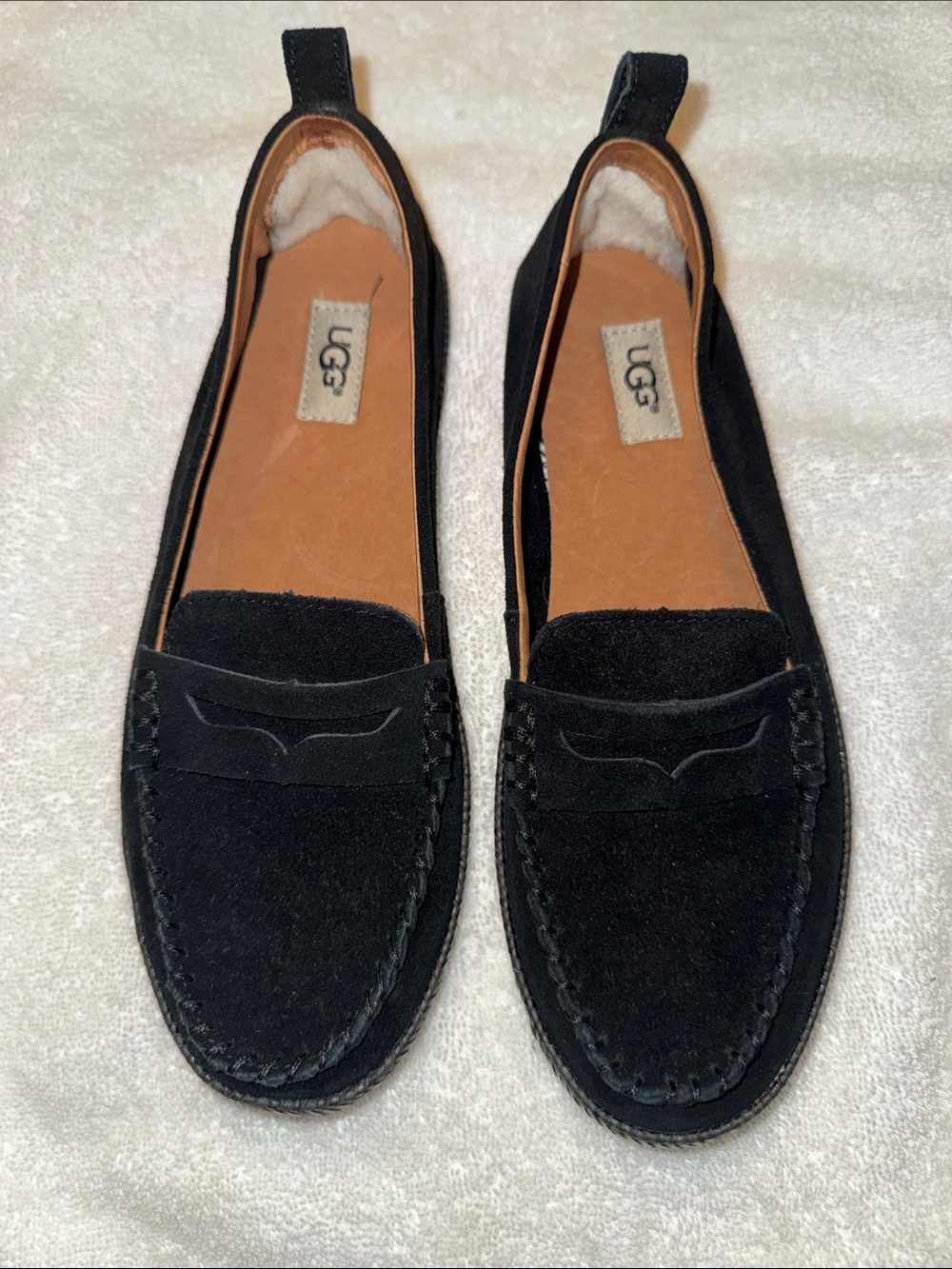 UGG Black Suede Penny Loafer Flats for Women — Slip-On Moccasin Style